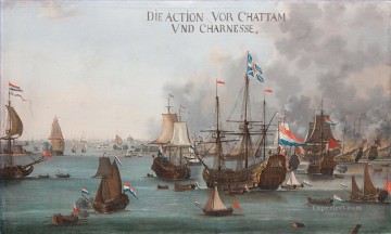 Landscapes Painting - Willem van der Stoop The Battle of Chatham Naval Battle